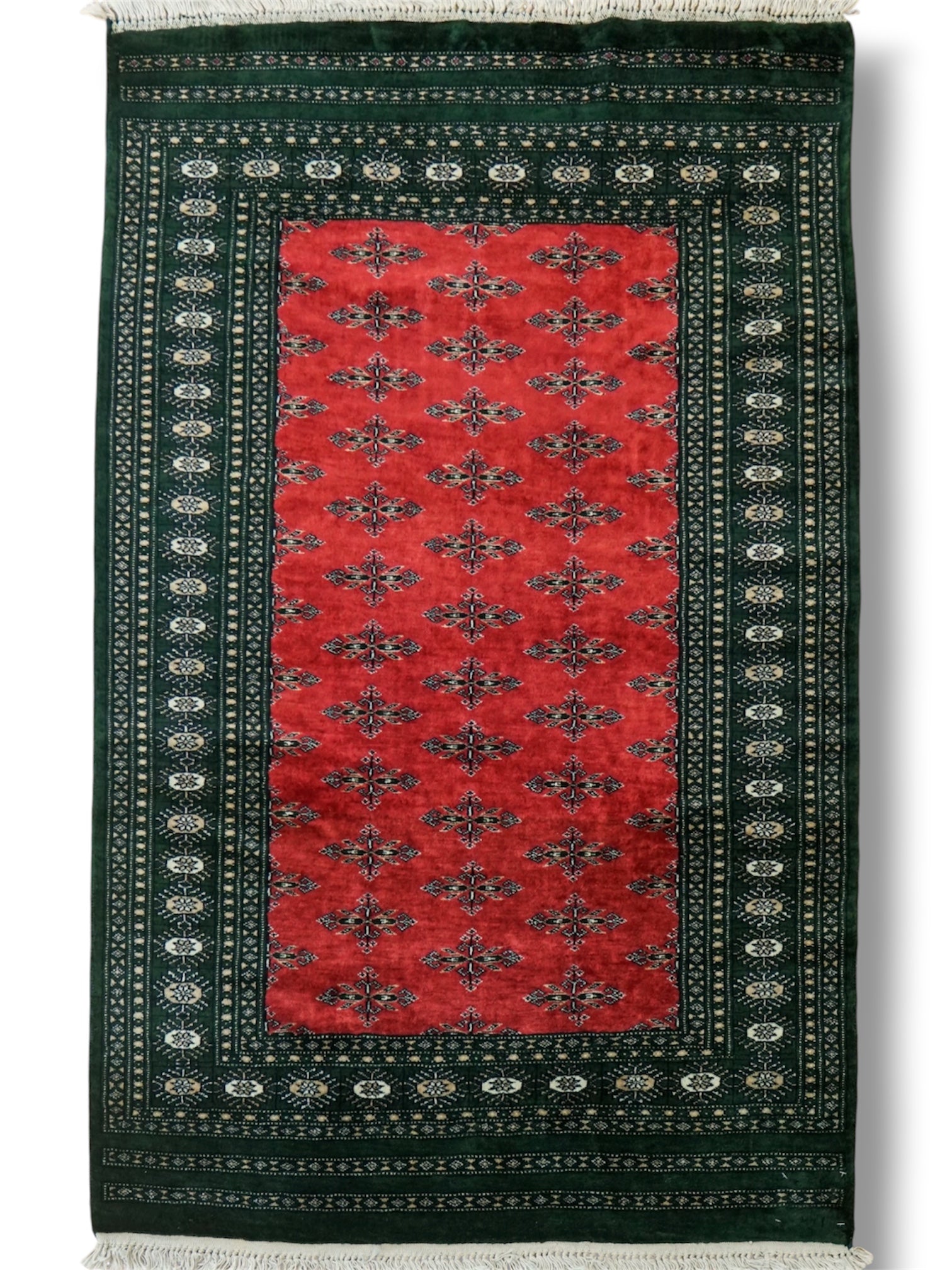  パキスタン手織り絨毯 143×92cm｜バタフライ文様・お守りモチーフのボーダー 高密度ウール