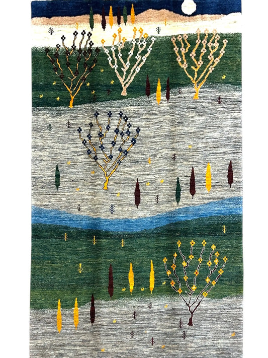  ペルシャ手織り カシュクリギャッベ 232×155cm｜月夜の風景 草木染めウール リビングサイズ