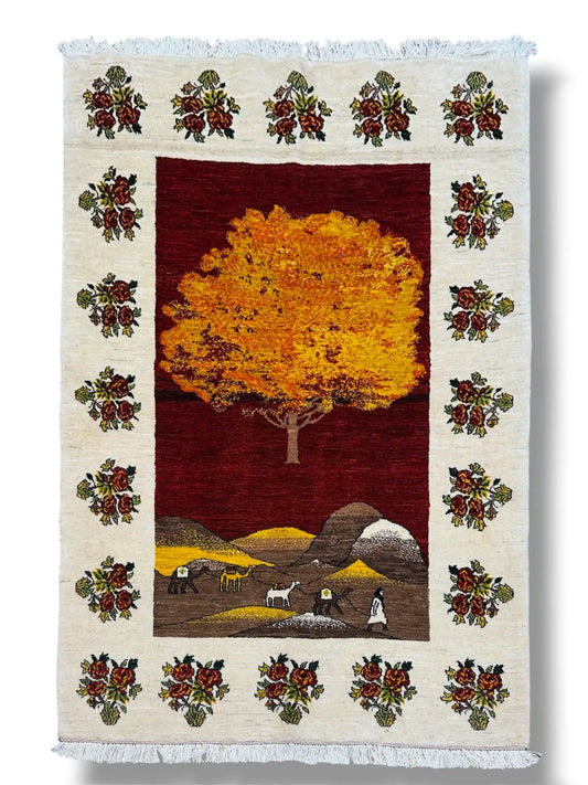  ペルシャ手織り カシュクリギャッベ 211×158cm｜生命の樹と遊牧風景 草木染めウール