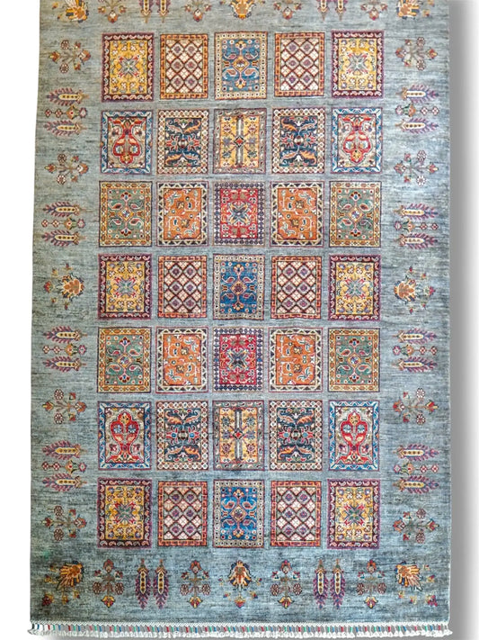  アフガン手織り絨毯 ガズニ 産 ヘシュティ文様 218×152cm｜草木染め・手紡ぎウール ラグ