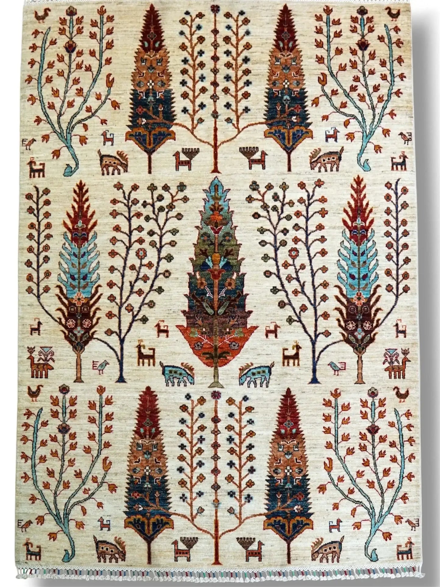  アフガニスタン 手織りガズニギャッベ 203×154cm｜草木染め・生命の木と動物文様