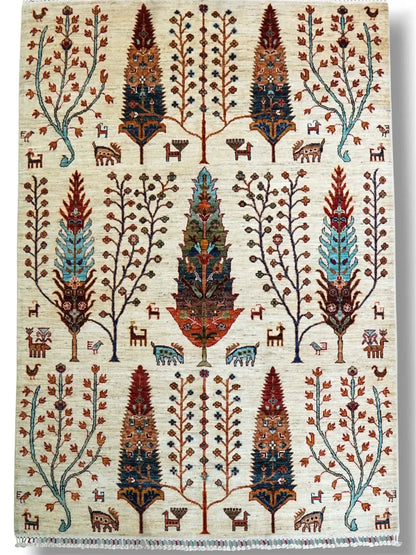  アフガニスタン 手織りガズニギャッベ 203×154cm｜草木染め・生命の木と動物文様