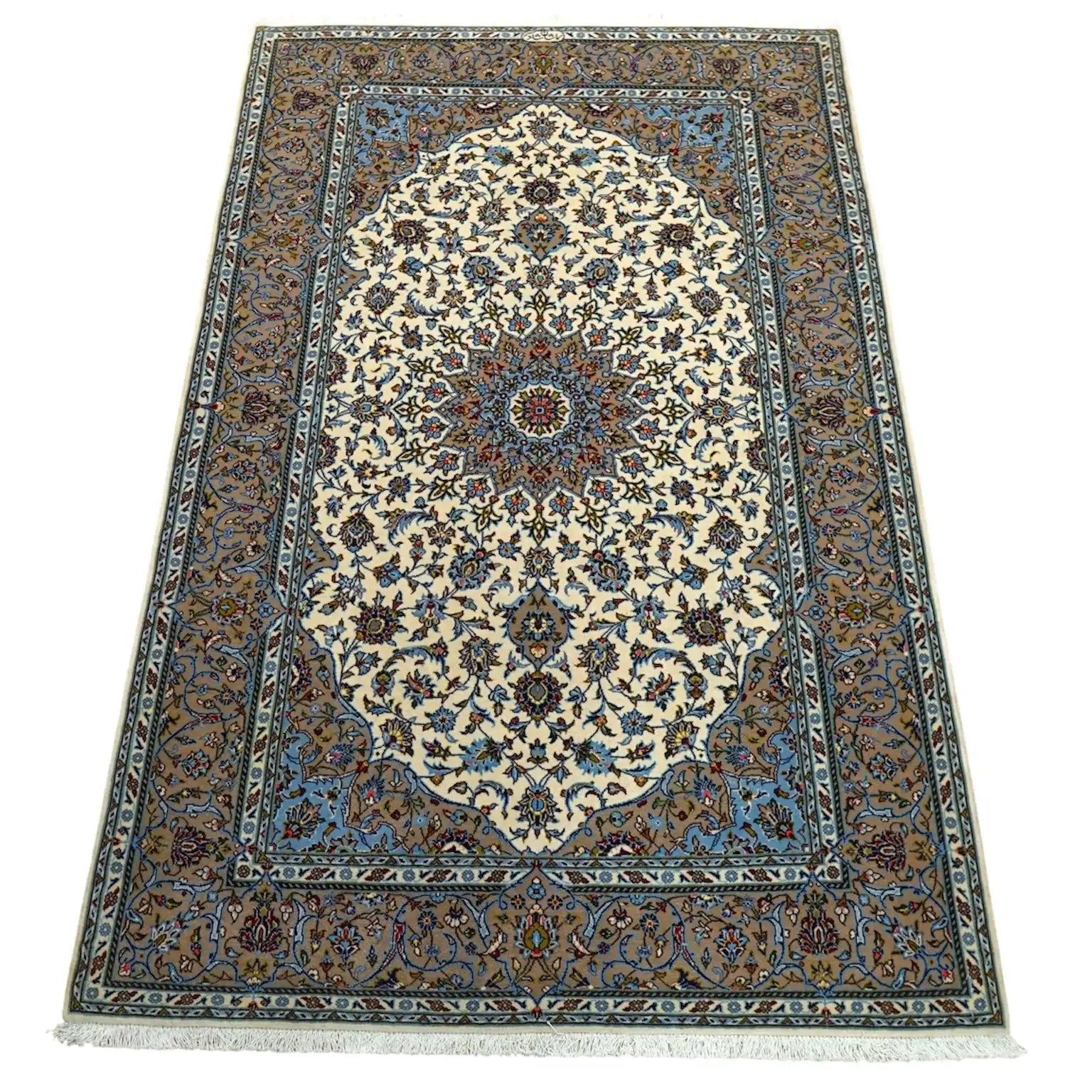  ペルシャ絨毯 カシャーン産 226×152cm (カシャン)｜伝統メダリオンデザイン・上品なアイボリー×ブルー