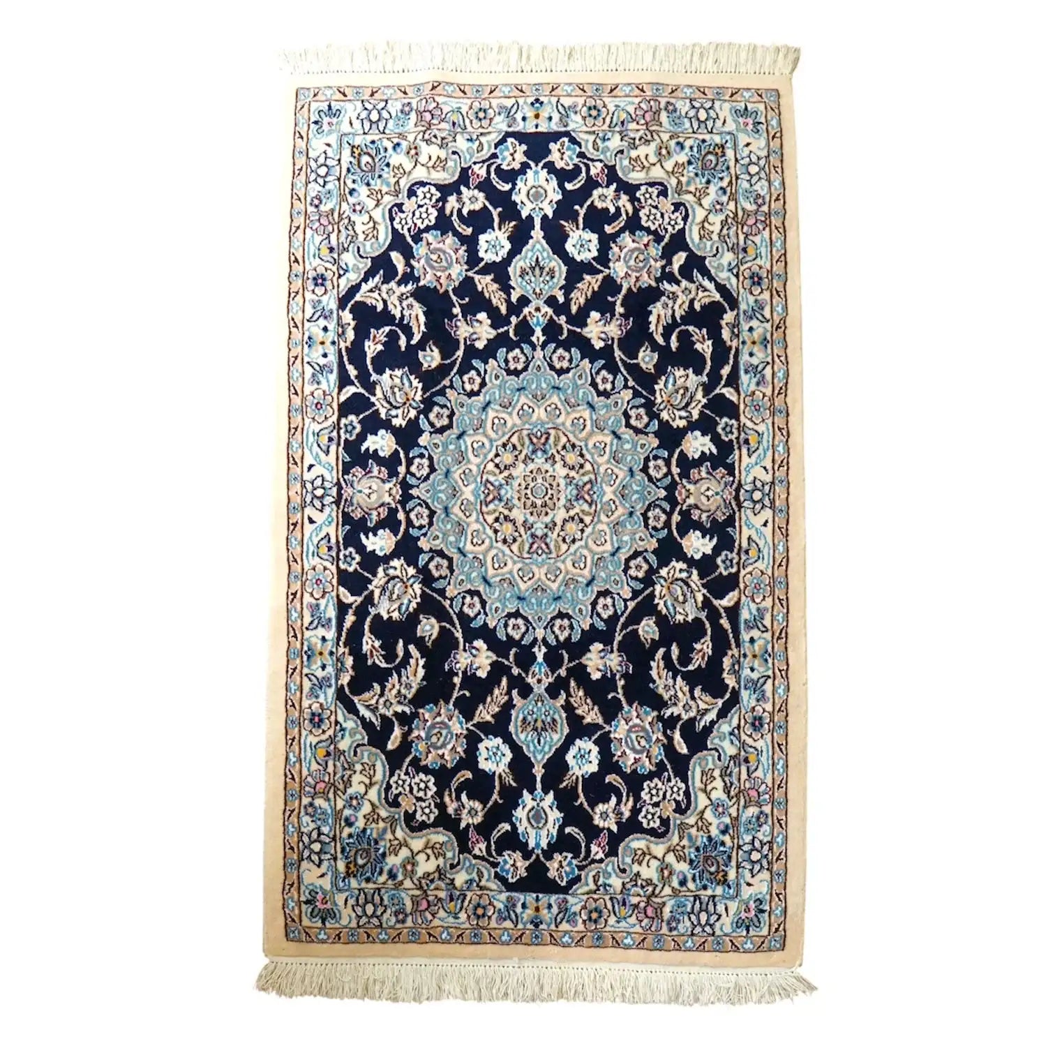  ペルシャ絨毯 ナイン産 121×79cm｜ネイビー基調