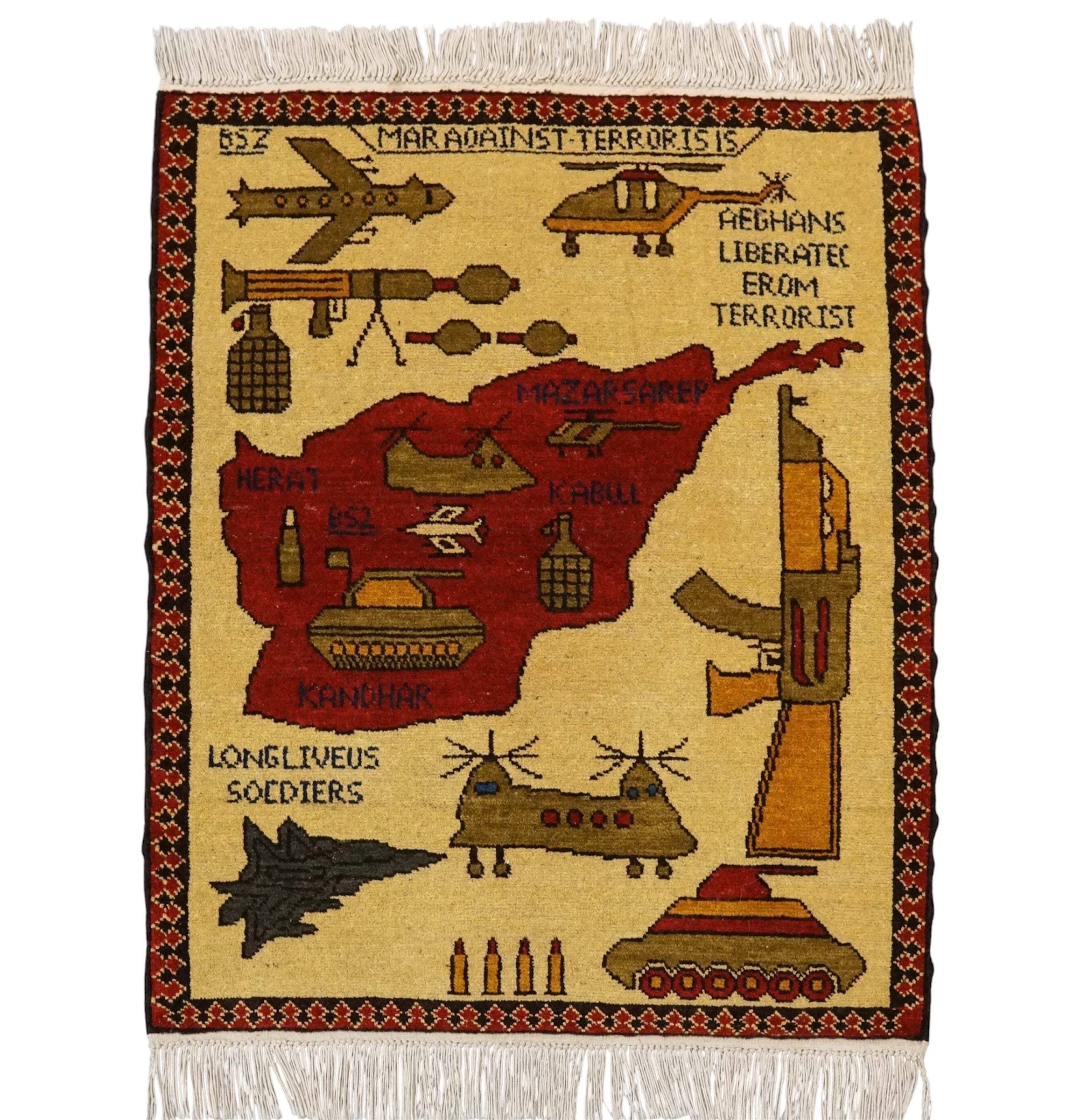 アフガニスタン手織り絨毯 75×66cm トライバルラグ War Rug - Decorworks アフガニスタン手織り絨毯 75×66cm トライバルラグ War Rug - Decorworks
