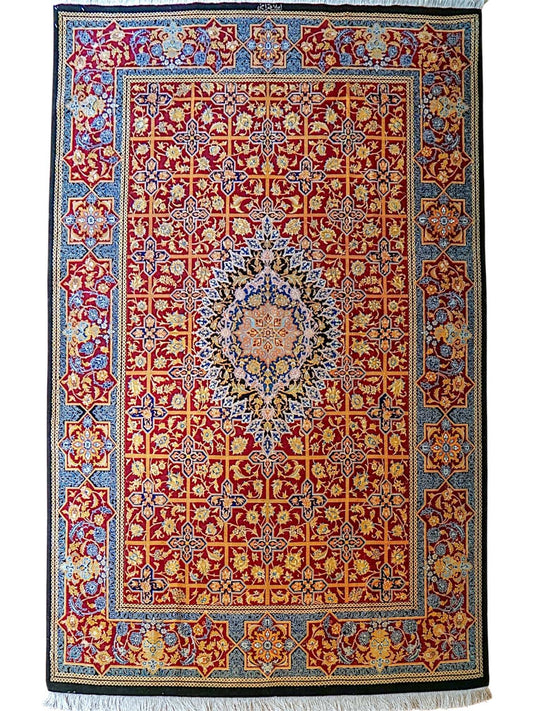  手織りペルシャ絨毯 クム産 【シルク】ラミニ工房 197×132cm ｜ 証明書付