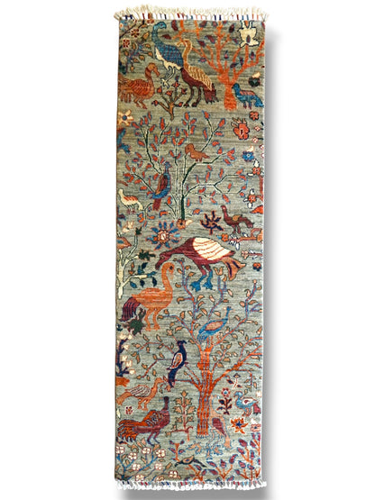  アフガニスタン ガズニ産 手織り絨毯 177×62cm ランナー｜生命の樹と鳥文様