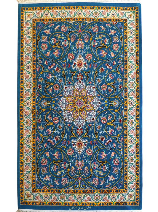  ペルシャ絨毯 イスファハン産 シャー・シャハニ房 約150×98cm｜コルクウール＆シルク 手織り 高級ペルシャ絨毯