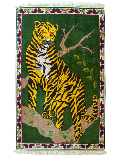  ペルシャ手織り絨毯 カシュカイ族 147×102cm 虎モチーフ 天然染料ウール