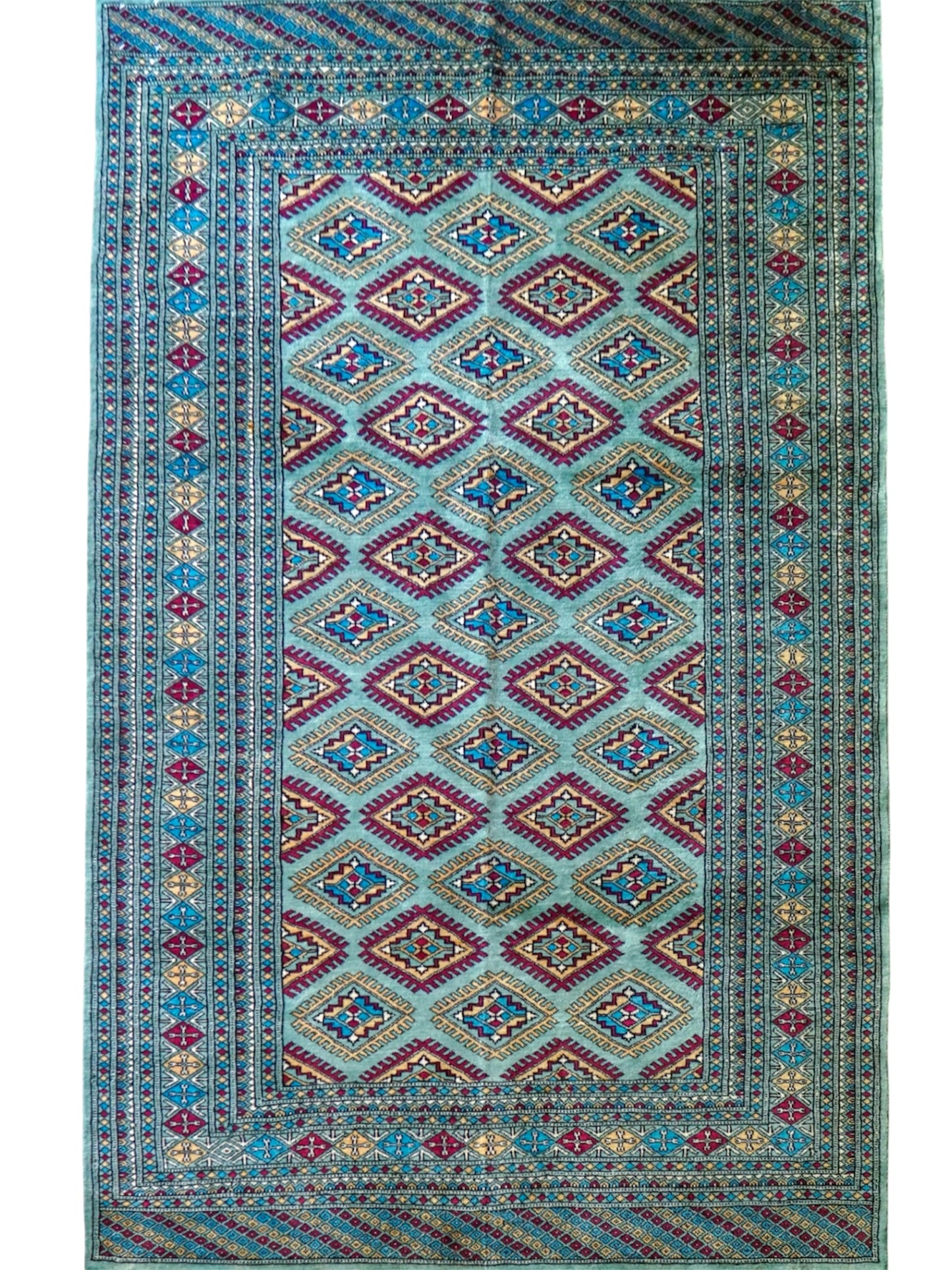  パキスタン手織りジャルダール絨毯 ターコイズグリーン 184×122cm