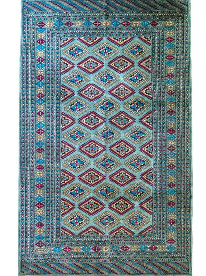  パキスタン手織りジャルダール絨毯 ターコイズグリーン 184×122cm