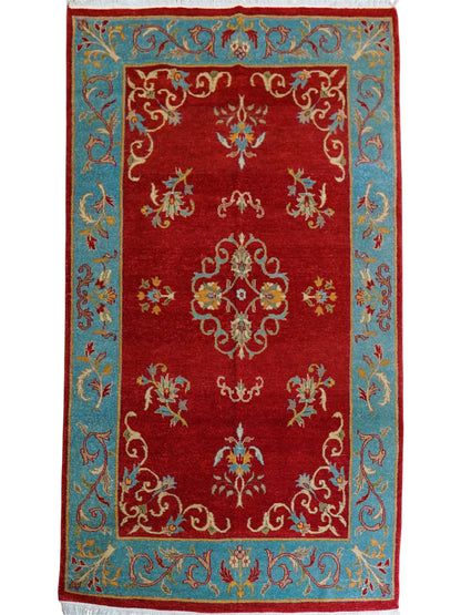  パキスタン手織り絨毯 210×129cm｜手紡ぎウール 草木染め 花文様 レッド×ターコイズ オリエンタルラグ 一点物