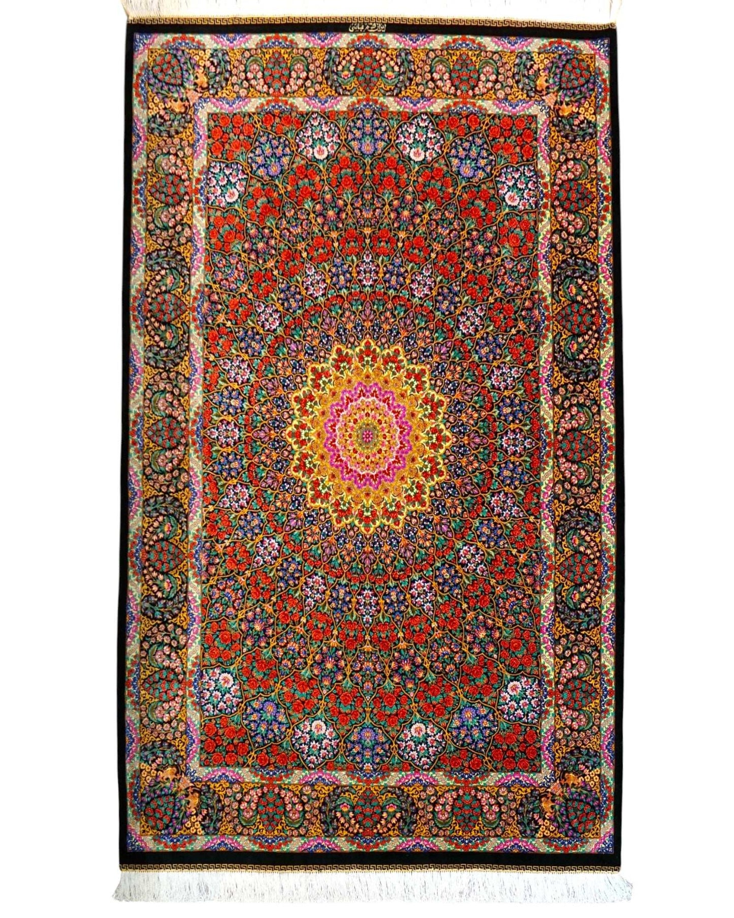  手織りペルシャ絨毯 クム産 アバーシ工房 201×131cm シルク100％ 花文様