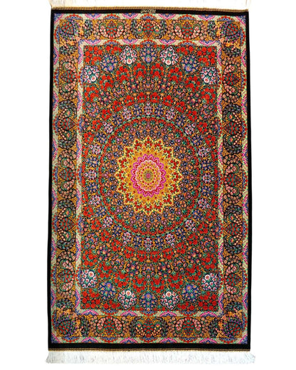  手織りペルシャ絨毯 クム産 アバーシ工房 201×131cm シルク100％ 花文様