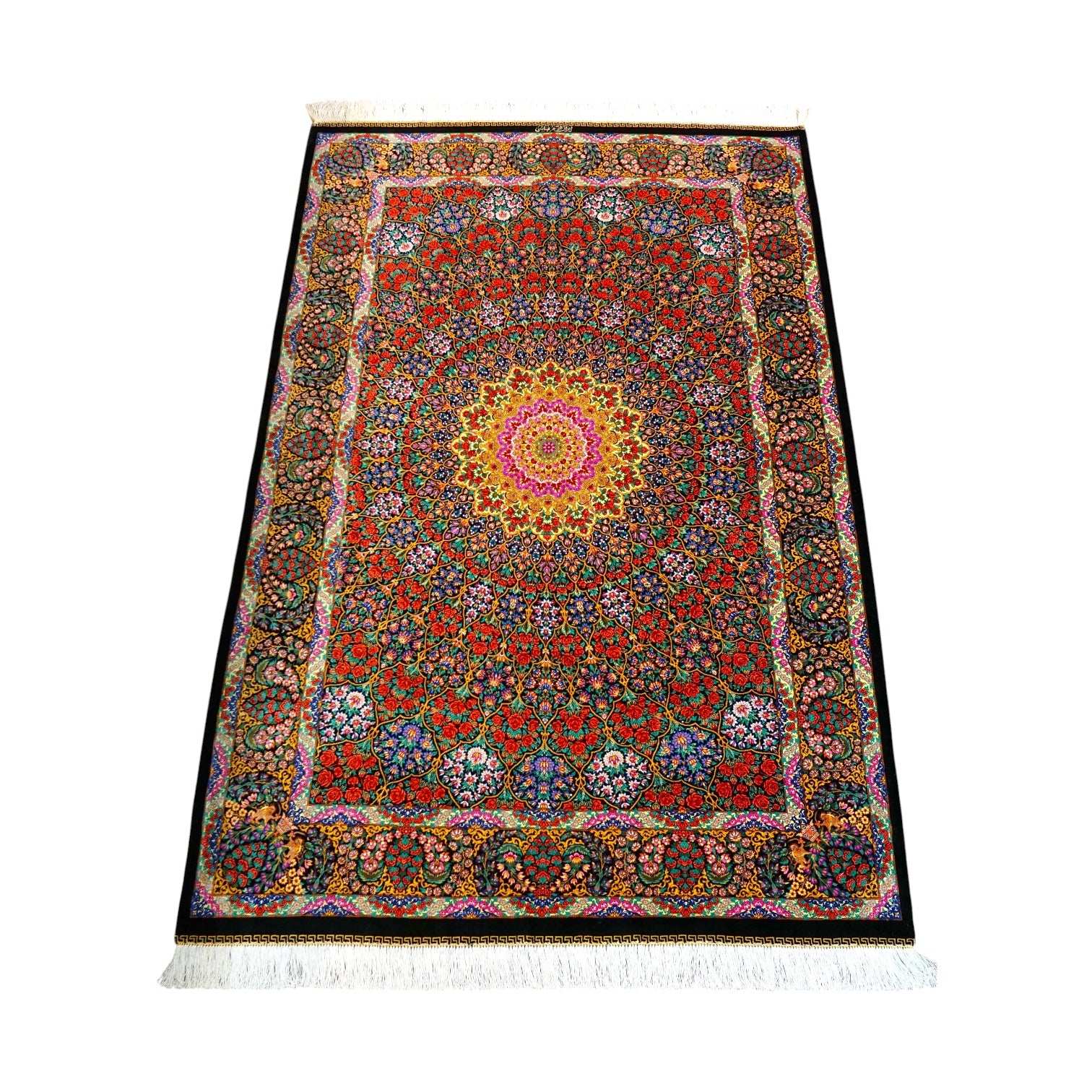  手織りペルシャ絨毯 クム産 アバーシ工房 201×131cm シルク100％ 花文様