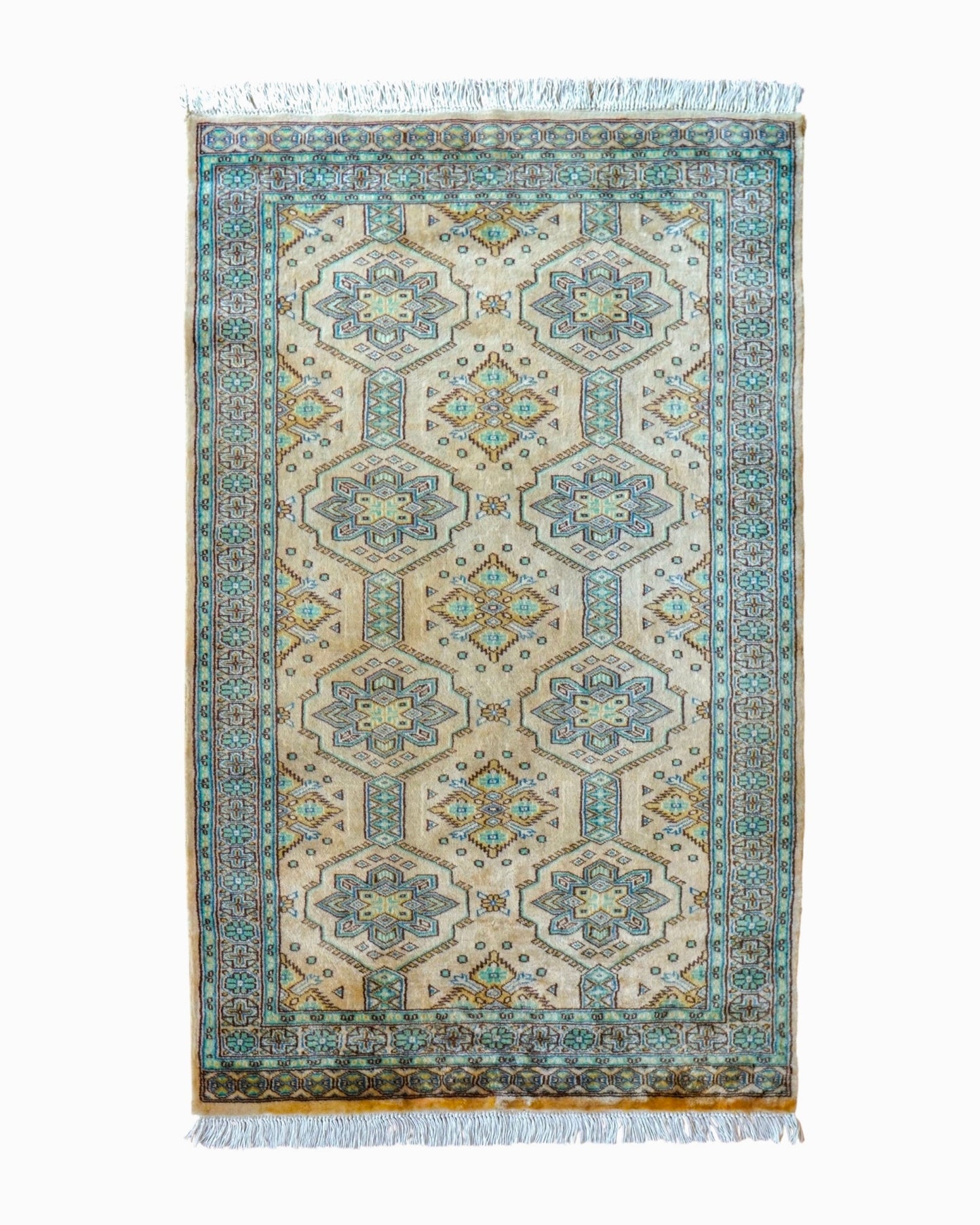  パキスタン手織り絨毯 122×80cm｜ニュージーランド産メリノウール 幾何学フラワー柄 手織りラグ