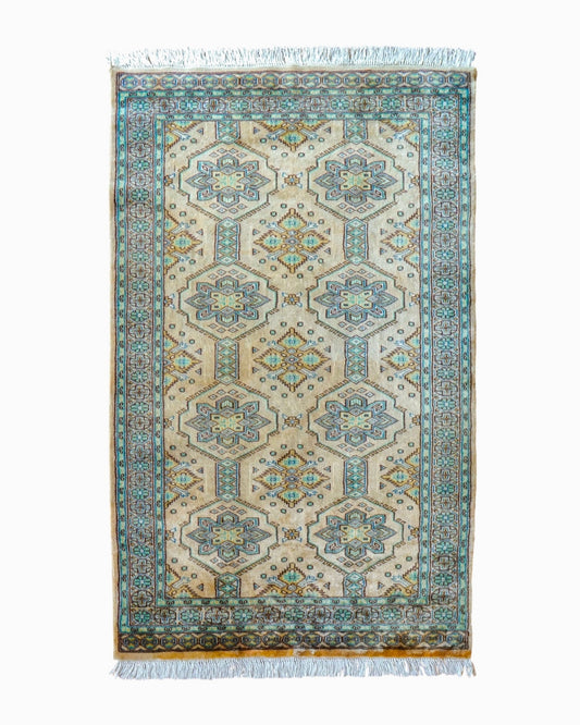  パキスタン手織り絨毯 122×80cm｜ニュージーランド産メリノウール 幾何学フラワー柄 手織りラグ