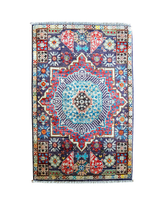  アフガニスタン手織り絨毯 90×60cm｜ガズニウール マムルクデザイン トライバルラグ