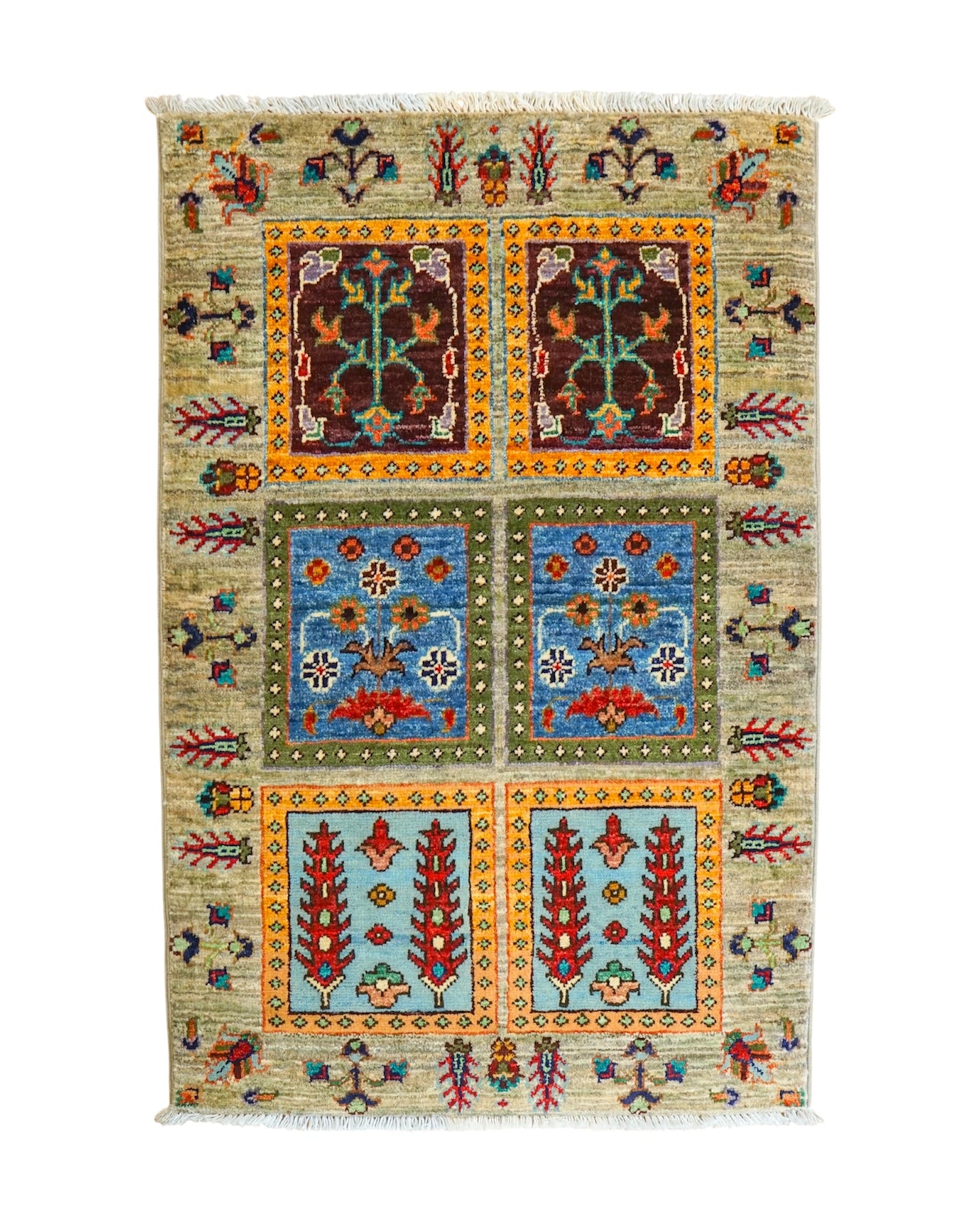  アフガニスタン・ガズニ産 手織り絨毯 89×62cm｜ヘシティ（Heishti）デザイン ウールラグ