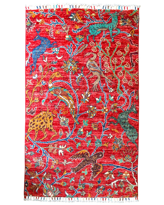  アフガニスタン・ガズニ産 手織り絨毯 シカルガーデザイン 120×82cm