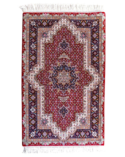  ペルシャ手織り絨毯 タブリーズ産 50RAJ 96×62cm 「マヒ文様」｜ウール＆シルク