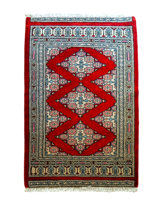  パキスタン手織り絨毯 88×62cm、ジャールダールデザインの伝統模様ラグ