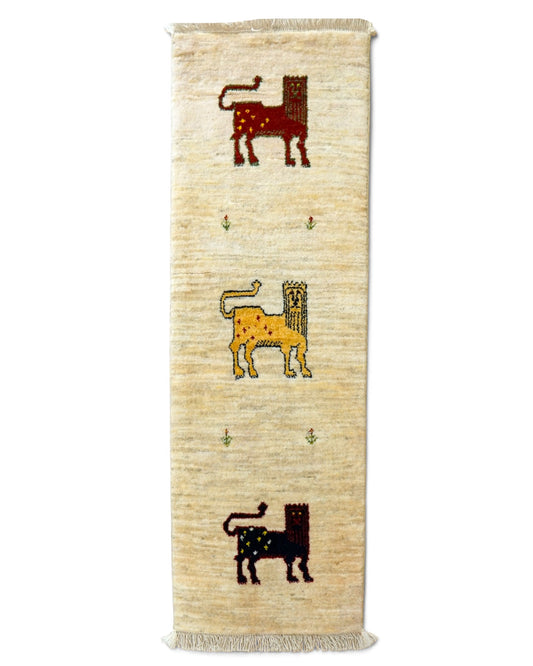  手織りペルシャ・ルリバフト ギャッベ ランナー 120×42cm｜ライオンモチーフ