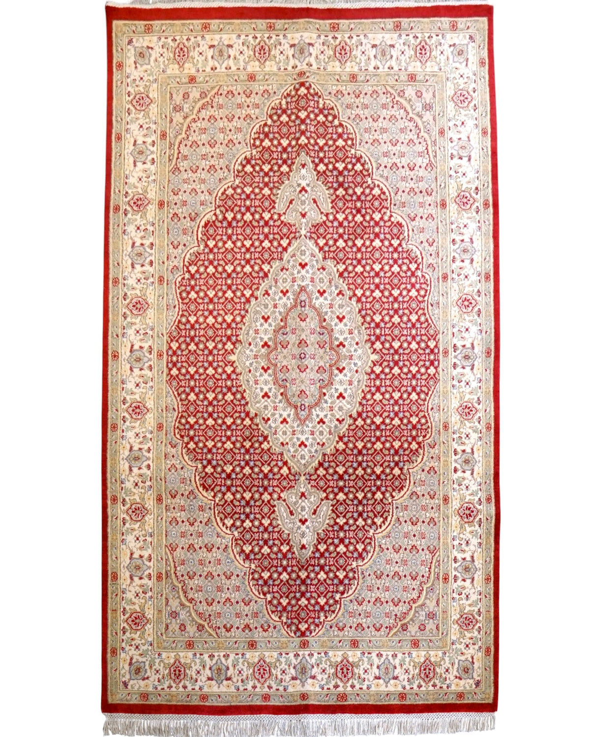  パキスタン手織り絨毯 ペルシャ・マヒ柄 トルコ結び 220×135cm｜タブリーズ調メダリオン レッド×アイボリー 高密度ウールラグ