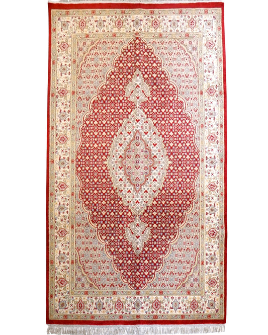  パキスタン手織り絨毯 ペルシャ・マヒ柄 トルコ結び 220×135cm｜タブリーズ調メダリオン レッド×アイボリー 高密度ウールラグ