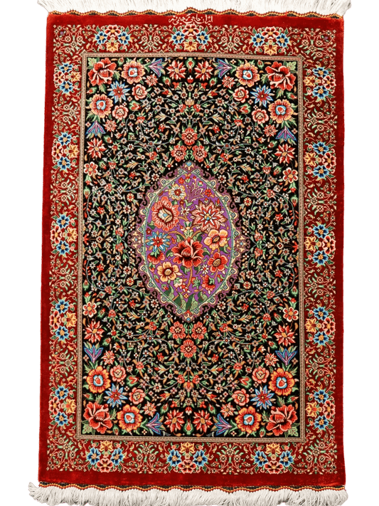 86×61cm　【ペルシャ手織りクム産のシルク100%絨毯】 Decorworks