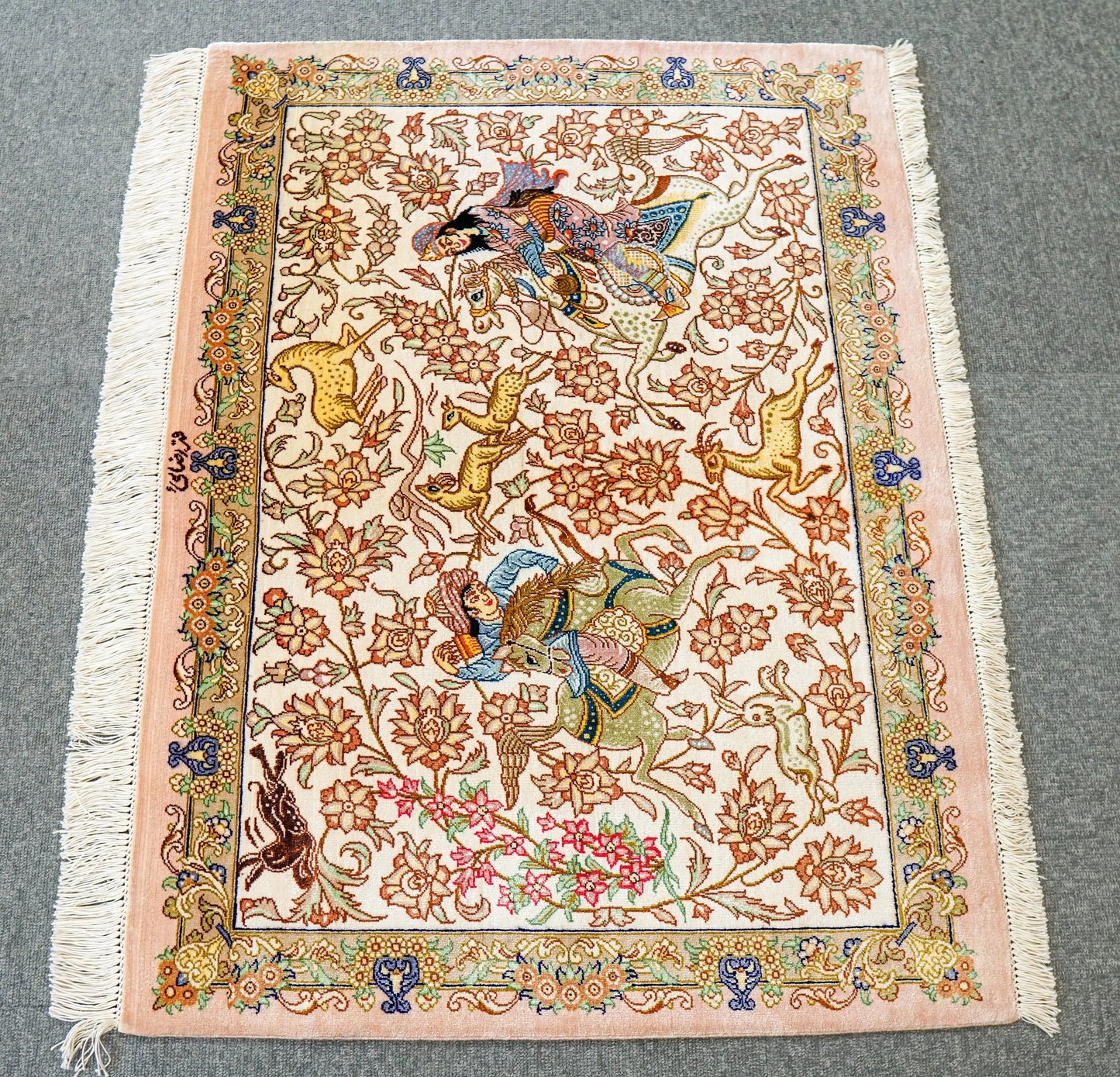 88×66cm　【ペルシャ絨毯　クム産　ラザイー房　シルク 100%　】証明書付 Decorworks