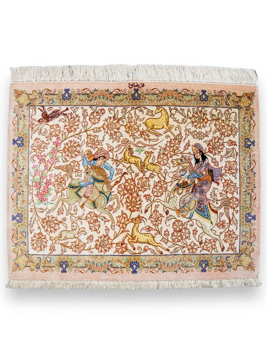 88×66cm　【ペルシャ絨毯　クム産　ラザイー房　シルク 100%　】証明書付 Decorworks
