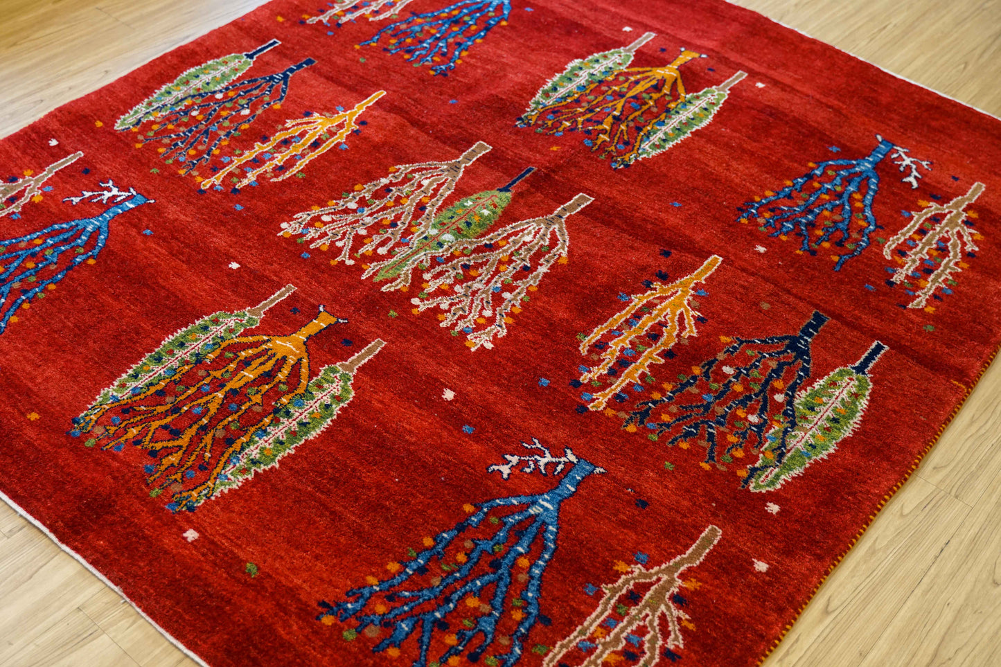  ペルシャ手織りカシュクリギャッベ リズバフト 186×159cm｜生命の木デザイン 高密度織り 大判ウールラグ