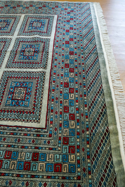  パキスタン手織り絨毯 238×163cm｜メリノウール使用 グレー 幾何学デザイン