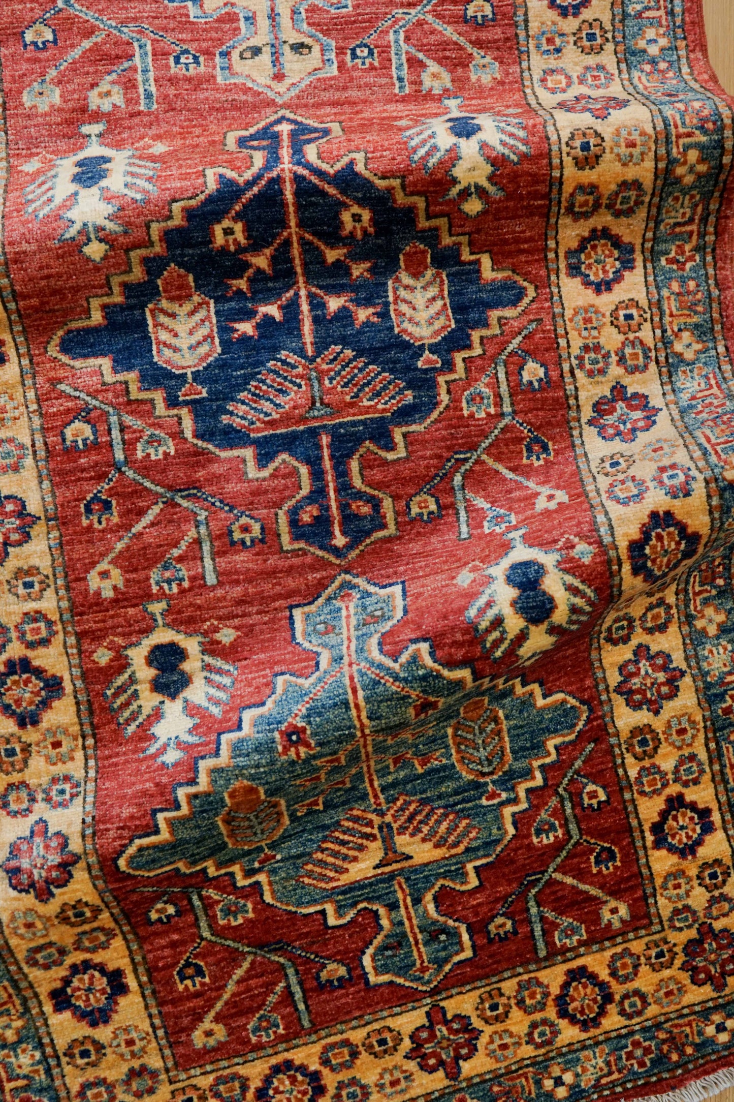 アフガニスタン手織り ガズニウールラグ 317×78cm｜カザクデザイン・ロングランナー｜赤×ブルー