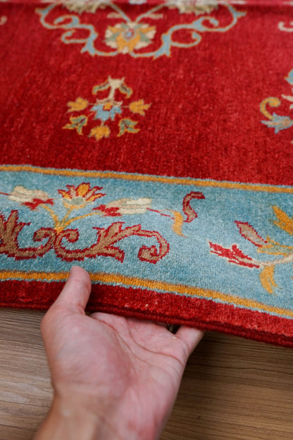  パキスタン手織り絨毯 210×129cm｜手紡ぎウール 草木染め 花文様 レッド×ターコイズ オリエンタルラグ 一点物