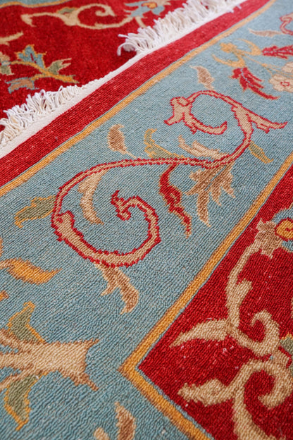  パキスタン手織り絨毯 210×129cm｜手紡ぎウール 草木染め 花文様 レッド×ターコイズ オリエンタルラグ 一点物