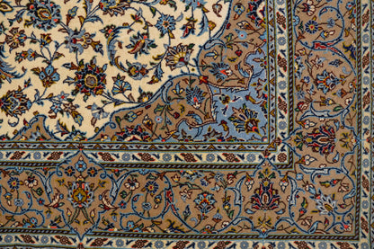  ペルシャ絨毯 カシャーン産 226×152cm (カシャン)｜伝統メダリオンデザイン・上品なアイボリー×ブルー