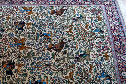  ペルシャ絨毯 タブリーズ産 シカルガー（狩猟図）デザイン 218×140cm 手織りラグ