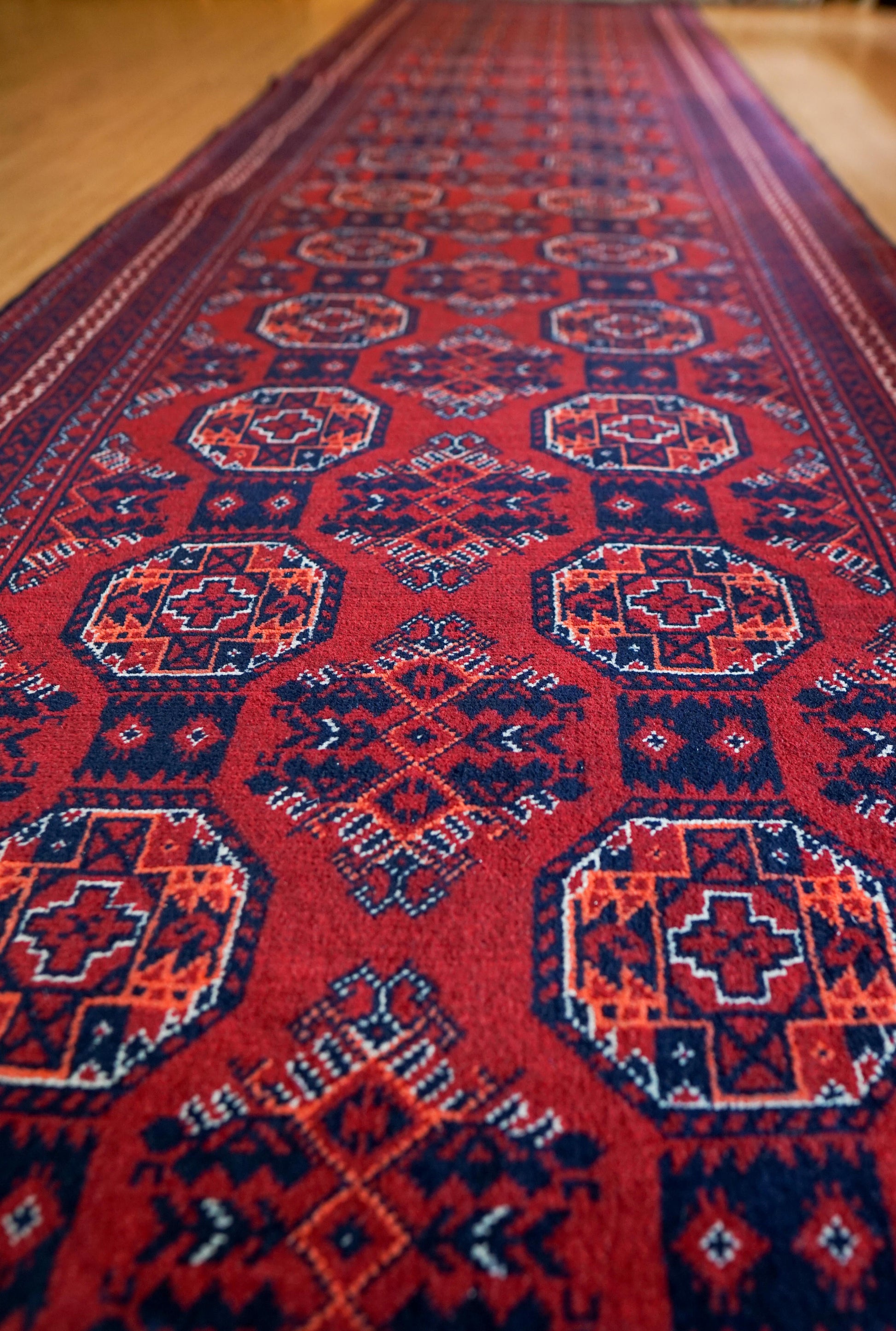  アフガン手織り絨毯 ヘラート産 ランナー 387×90cm｜伝統のギュル文様 ウールラグ