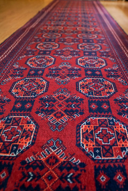  アフガン手織り絨毯 ヘラート産 ランナー 387×90cm｜伝統のギュル文様 ウールラグ