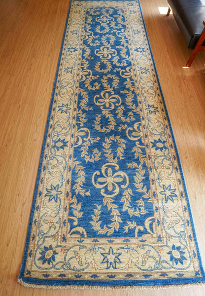  アフガニスタン手織り絨毯 ガズニランナー 371×105cm｜Ziegler スルタニデザイン ブルー×アイボリー 廊下・ロングコリドーサイズ