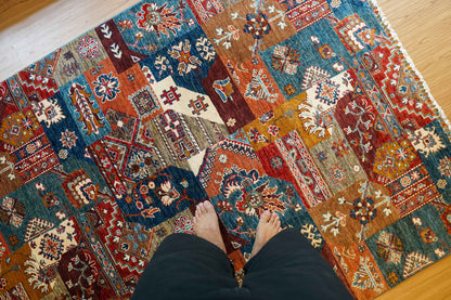  アフガン絨毯 ガズニー産 ウール トライバルパッチワークデザイン 206×153cm