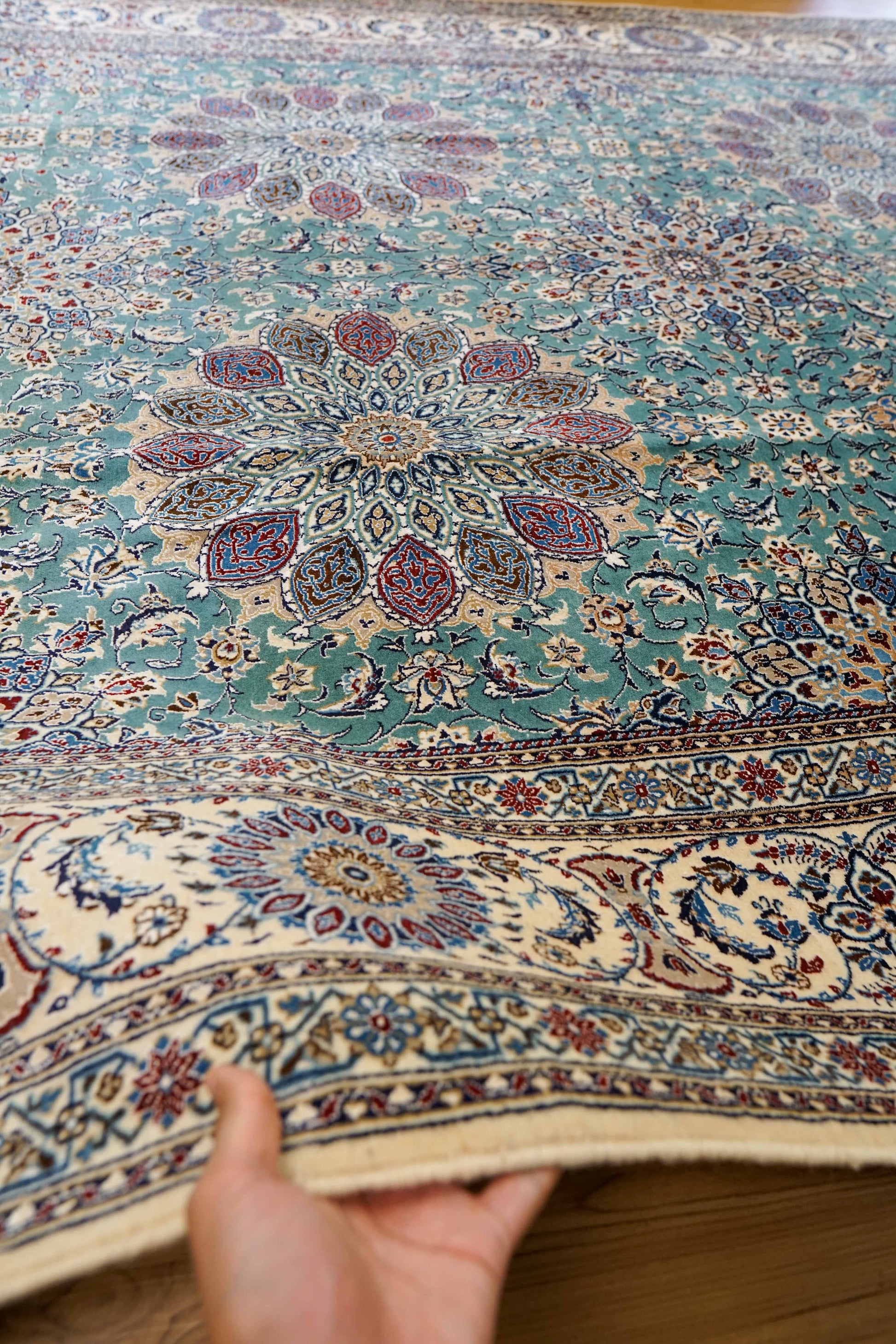  ペルシャ絨毯 ナイン産 4LA 295×196cm｜コルクウール＆シルク 手織り 高密度ラグ 大判リビングサイズ