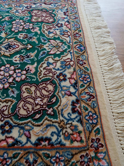  ペルシャ絨毯 ナイン産 手織り 90×63cm｜グリーンメダリオンデザイン 玄関マットサイズ