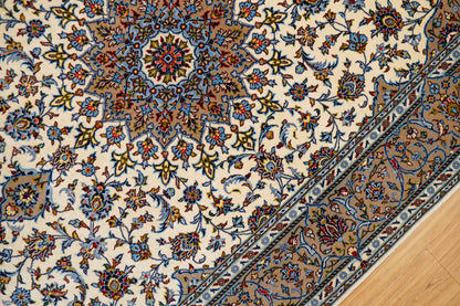  ペルシャ絨毯 カシャーン産 226×152cm (カシャン)｜伝統メダリオンデザイン・上品なアイボリー×ブルー