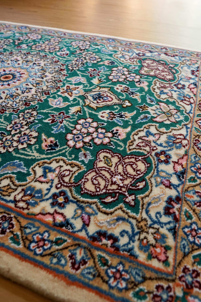  ペルシャ絨毯 ナイン産 手織り 90×63cm｜グリーンメダリオンデザイン 玄関マットサイズ