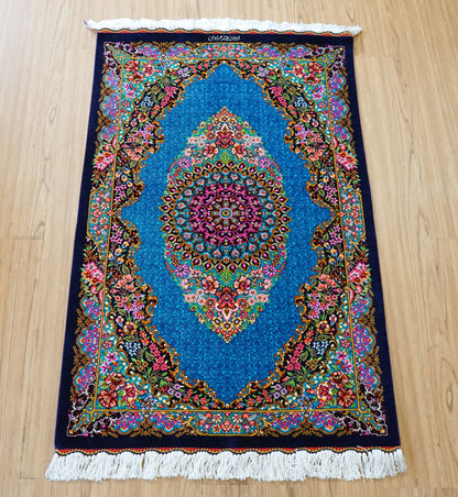  89×59cm　手織り ペルシャ絨毯 クム産 シルク100% 証明書付