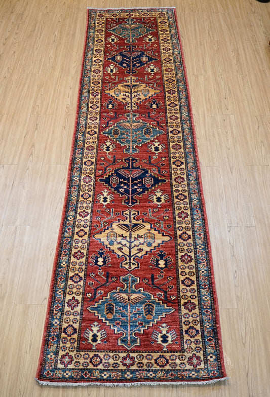 アフガニスタン手織り ガズニウールラグ 317×78cm｜カザクデザイン・ロングランナー｜赤×ブルー