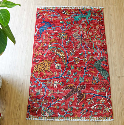  アフガニスタン・ガズニ産 手織り絨毯 シカルガーデザイン 120×82cm